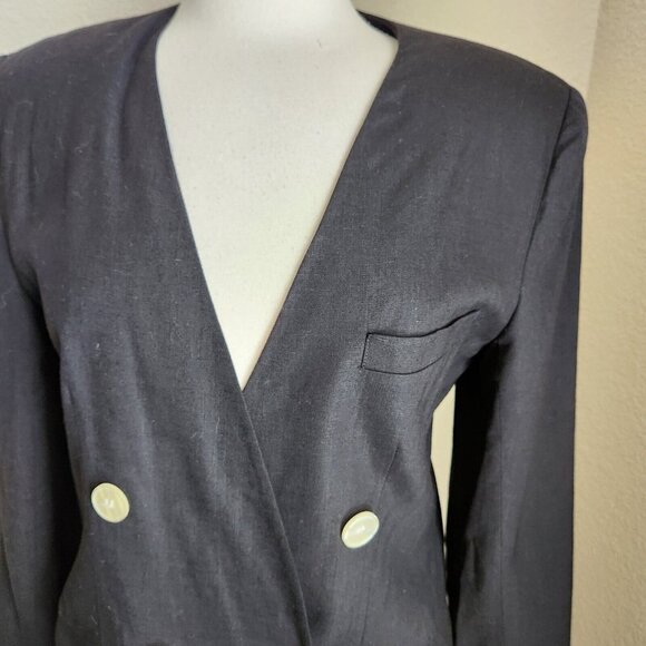 MICHELLE STUART Women size 6 Black Linen‎ Blazer Double Breasted Made in USA - Picture 3 of 16